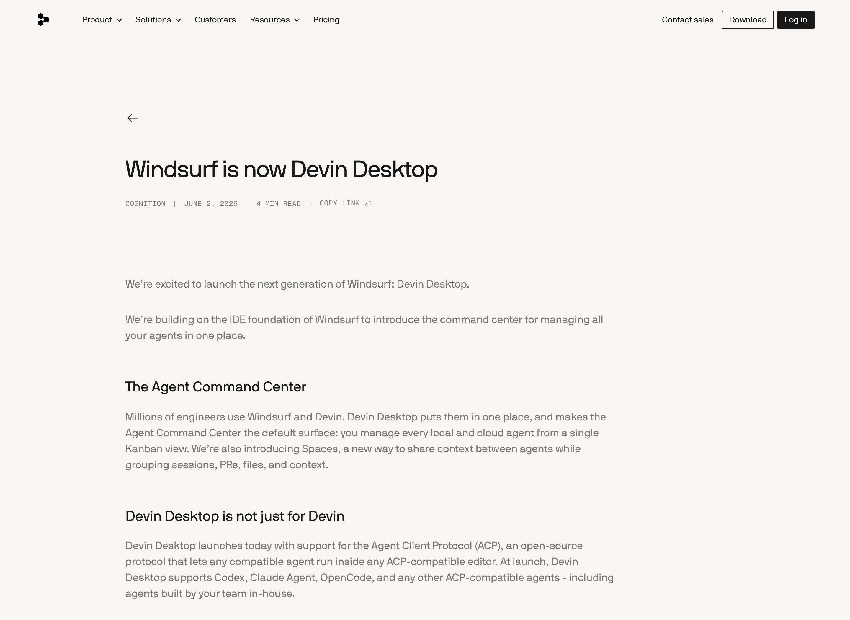 Официальный анонс ребрендинга на devin.ai: «Windsurf is now Devin Desktop», дата 2 июня 2026