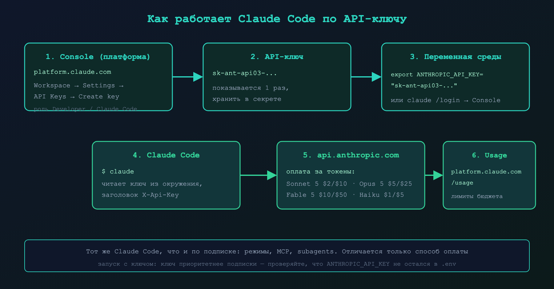 Путь API-ключа: Console → ключ → переменная среды → Claude Code → api.anthropic.com → Usage