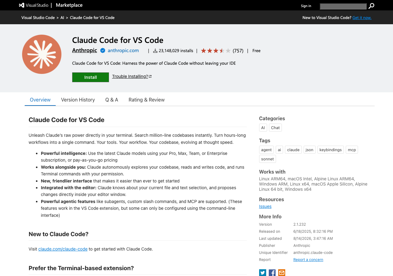 Карточка расширения Claude Code for VS Code в Visual Studio Marketplace
