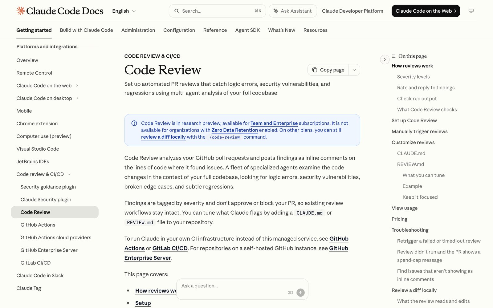 Скриншот документации Claude Code Code Review: как работает авторевью, уровни важности и настройка
