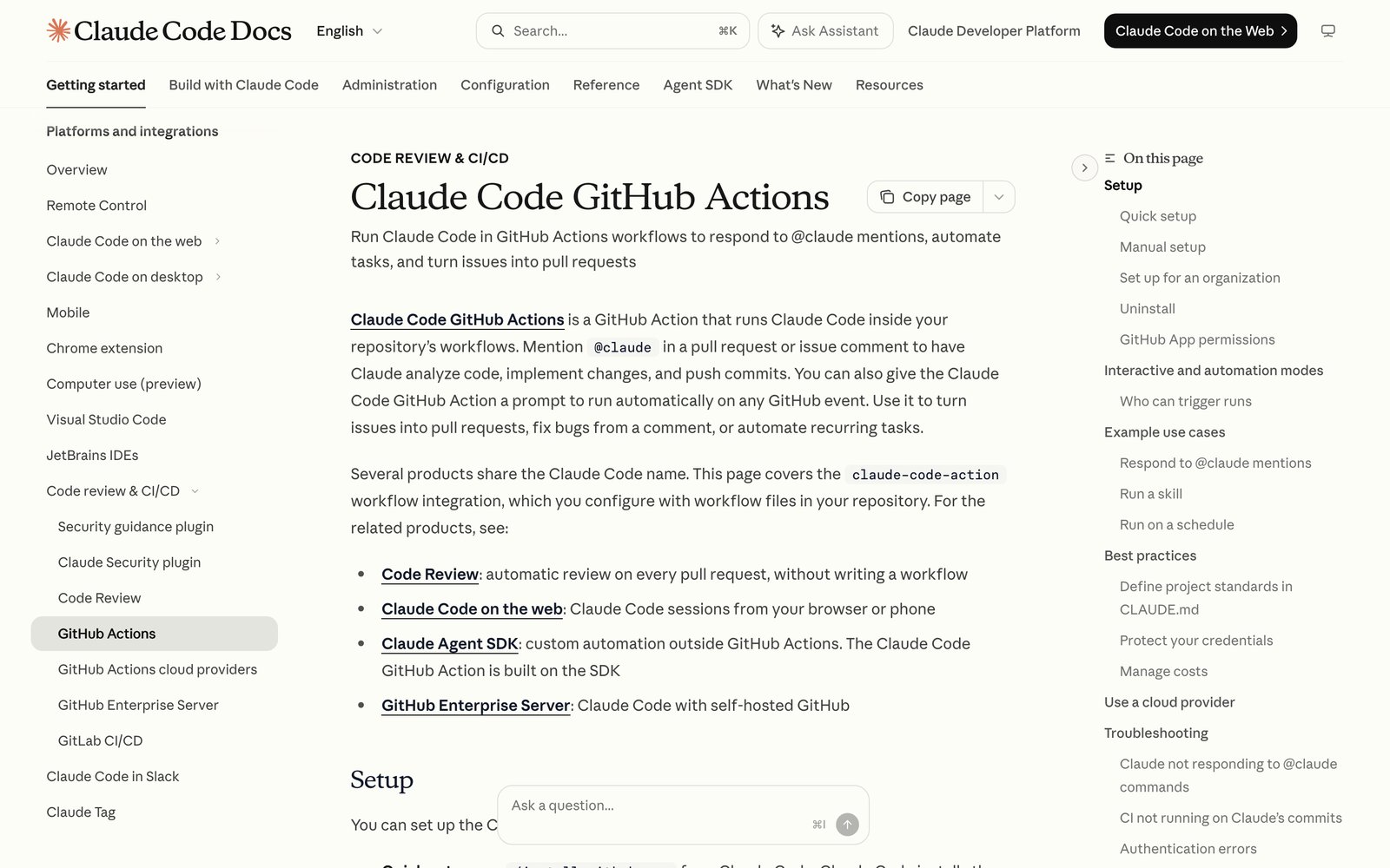 Скриншот документации Claude Code GitHub Actions: воркфлоу с @claude и примеры использования