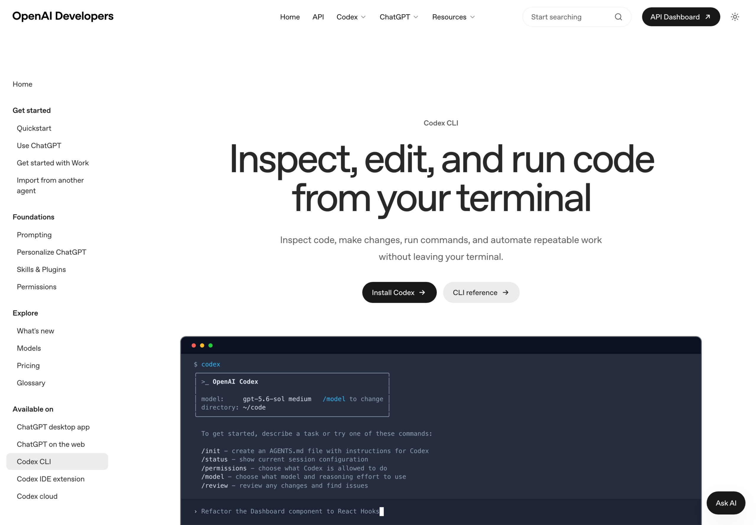 Официальная документация Codex CLI: интерфейс codex, команды /init /status /permissions /model /review