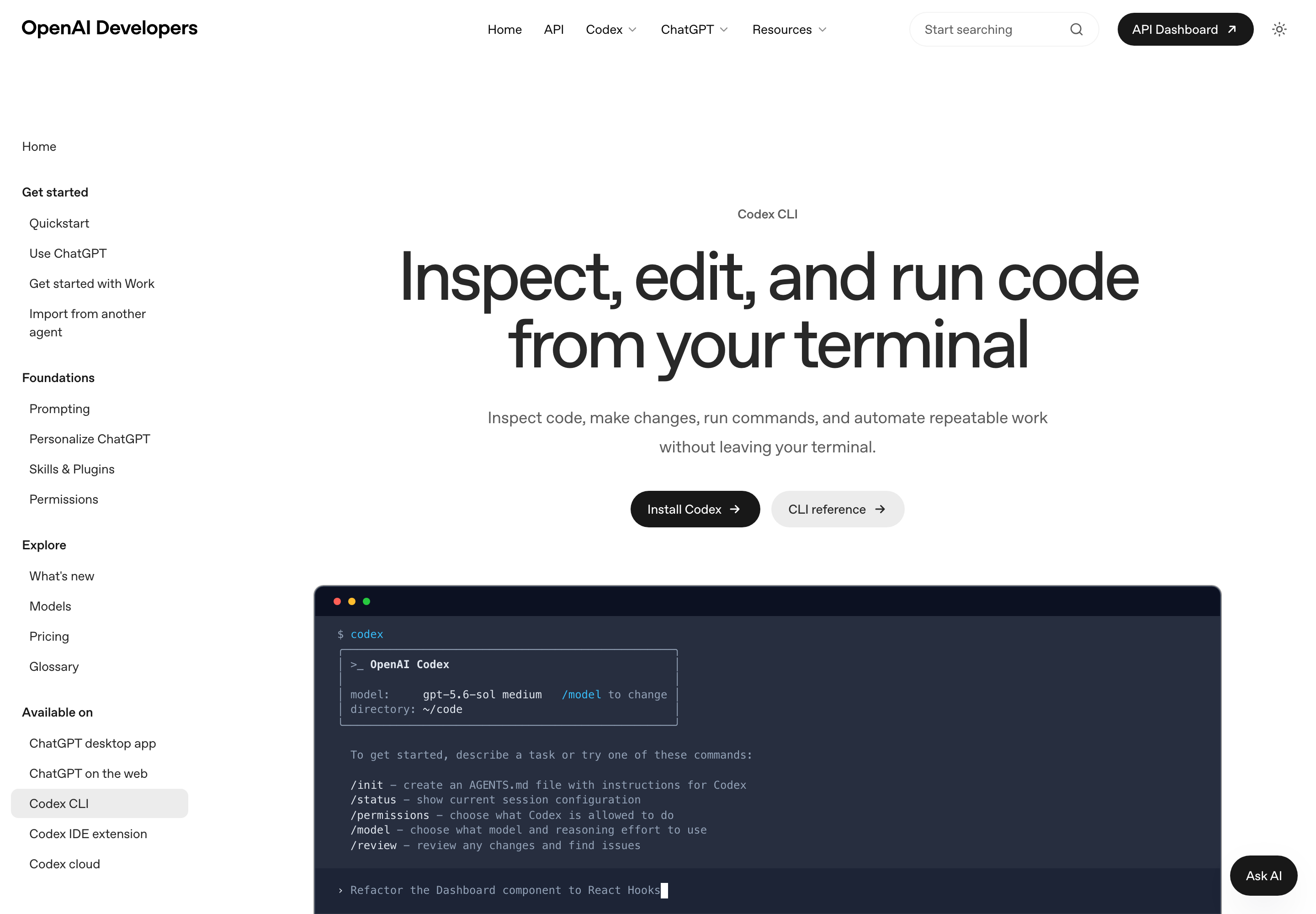 Официальная документация Codex CLI: интерфейс codex, модель gpt-5.6-sol, команды /init /status /permissions /model /review