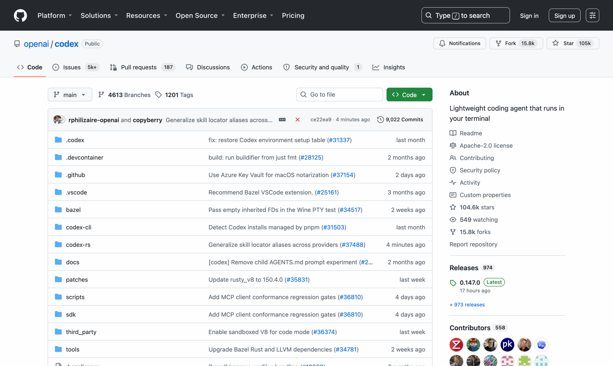 Скриншот официального репозитория openai/codex на GitHub: описание, лицензия Apache-2.0, 104,6 тыс. звёзд, последний релиз 0.147.0