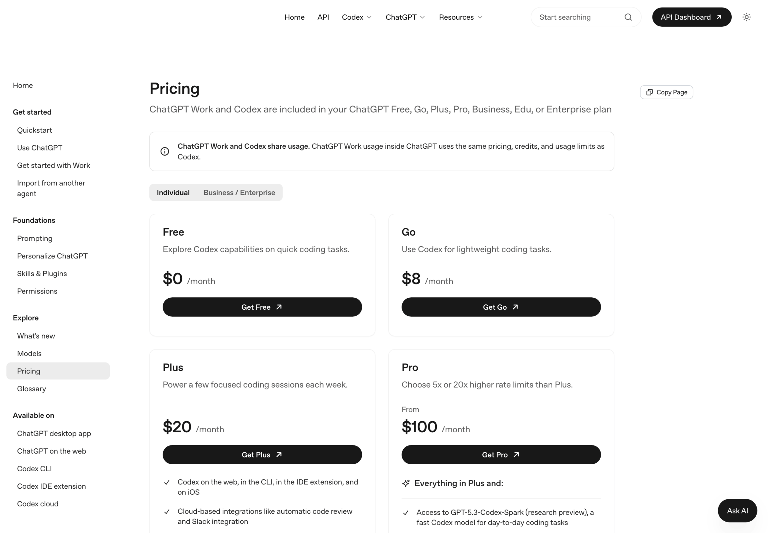 Скриншот официальной страницы pricing: карточки планов Free $0, Go $8, Plus $20, Pro от $100