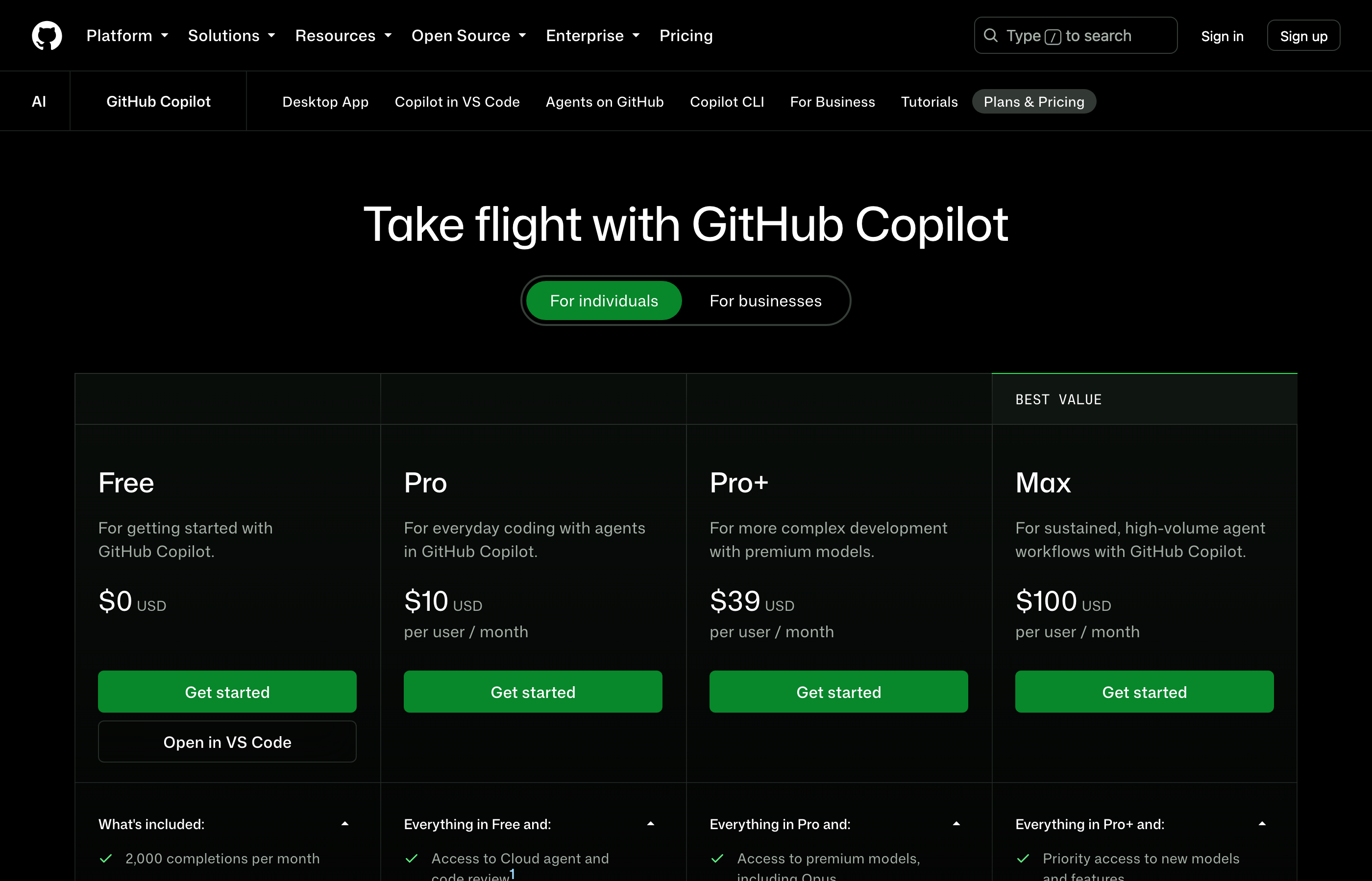 Страница планов GitHub Copilot: Free 2000 дополнений в месяц, Pro $10, Pro+ $39, Max $100
