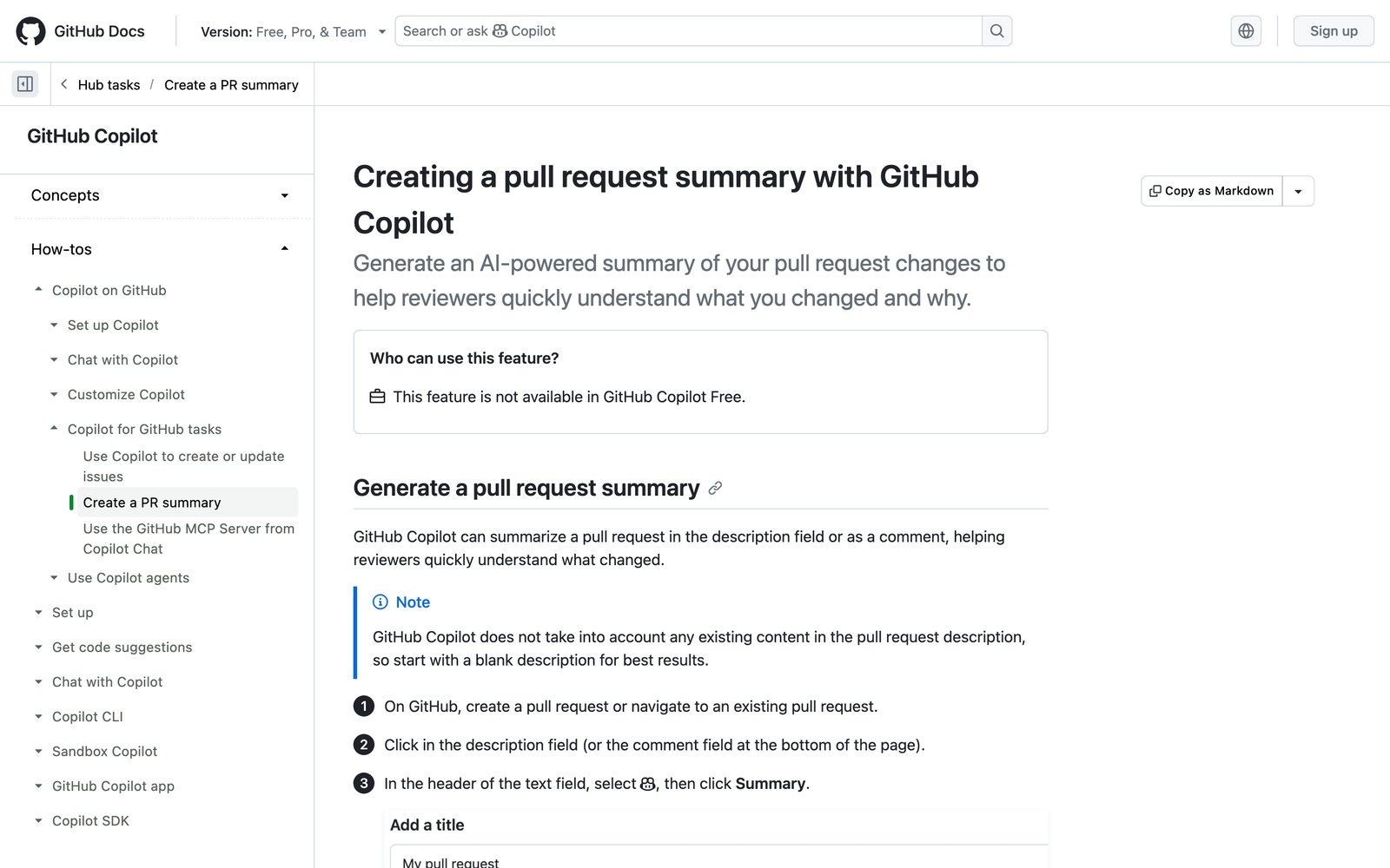 Скриншот документации GitHub: как Copilot генерирует сводку пул-реквеста