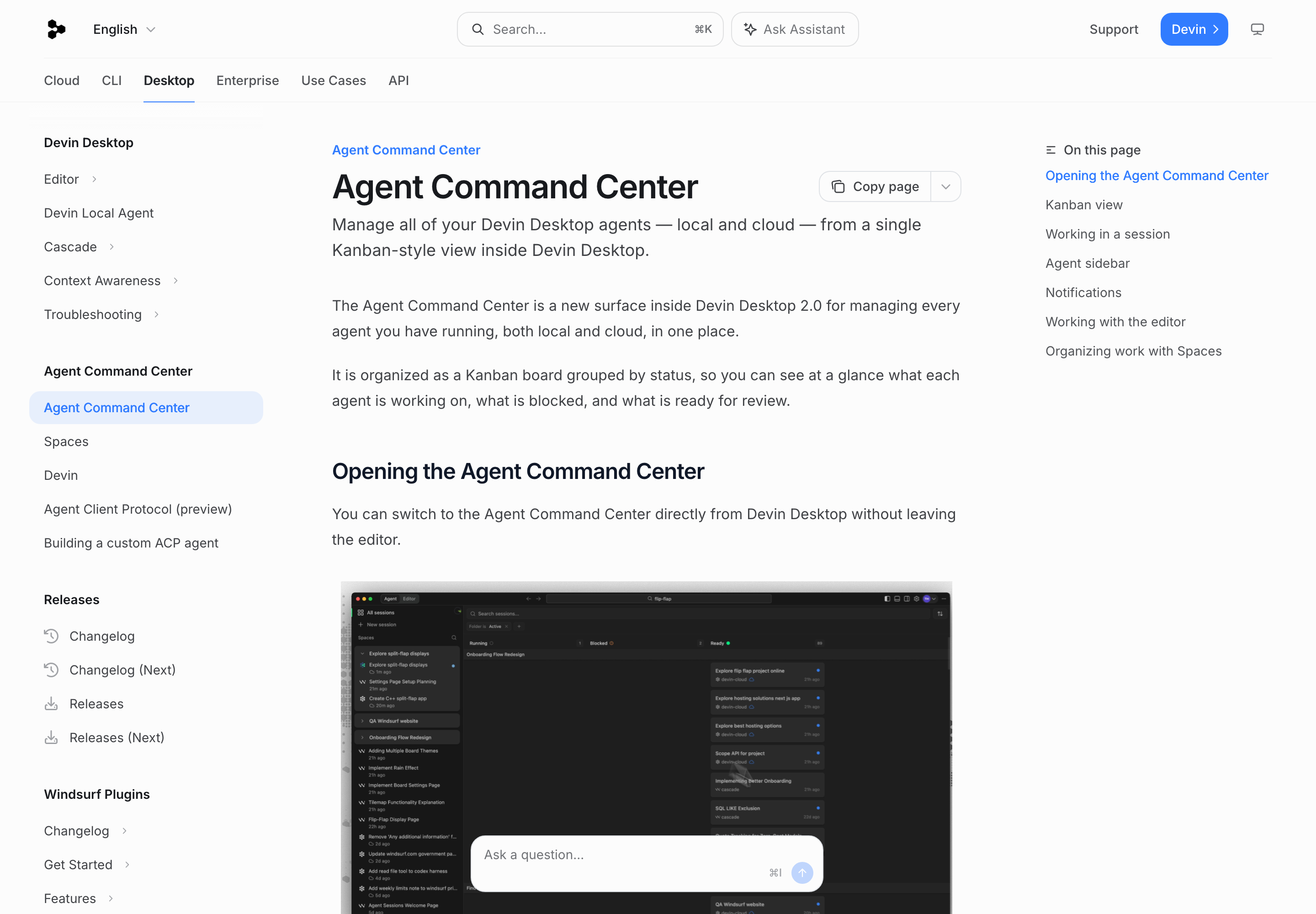 Официальная документация Agent Command Center: Kanban-доска агентов, сессии, Spaces