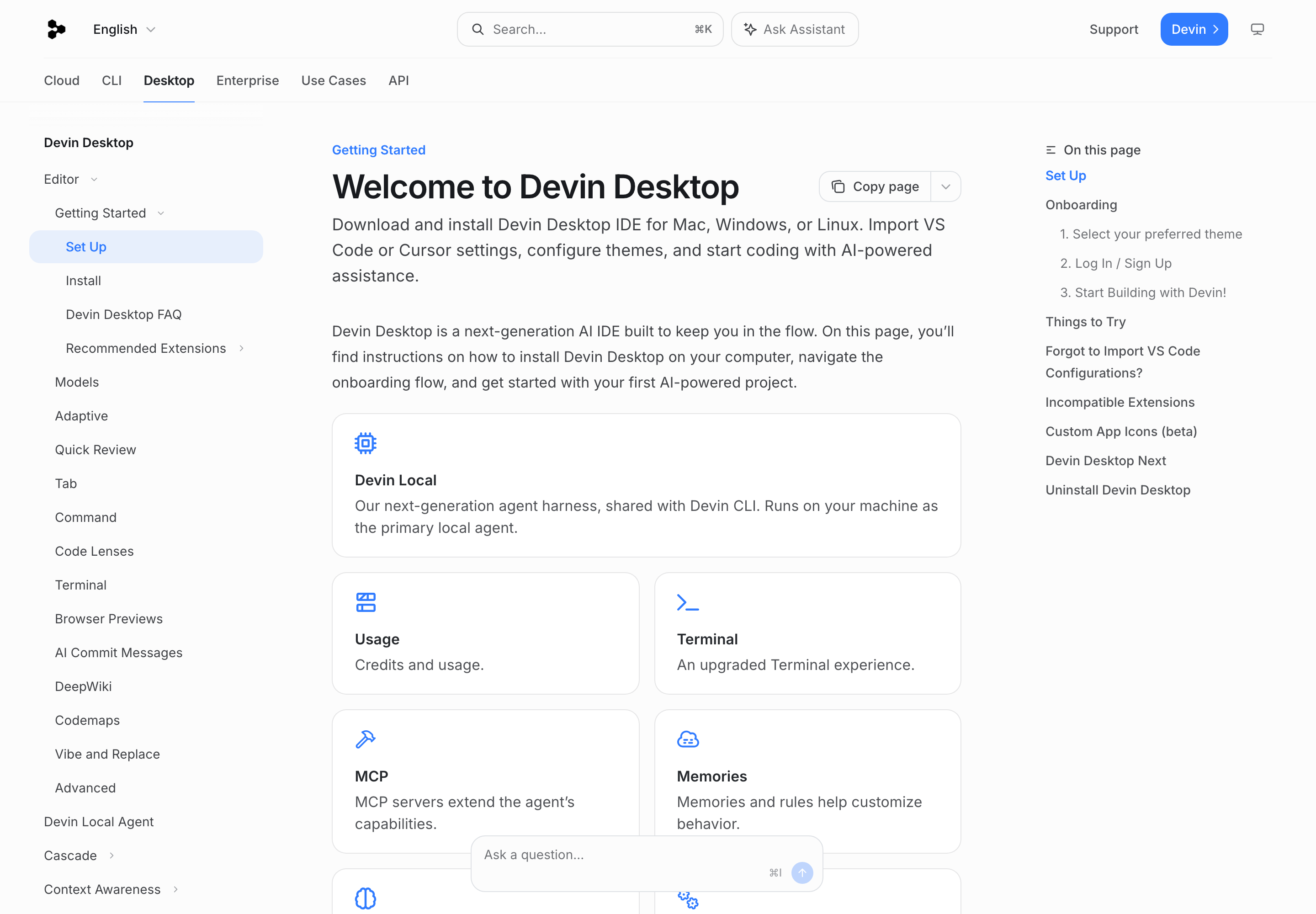 Официальная документация Devin Desktop: установка, импорт настроек VS Code/Cursor, вход в аккаунт