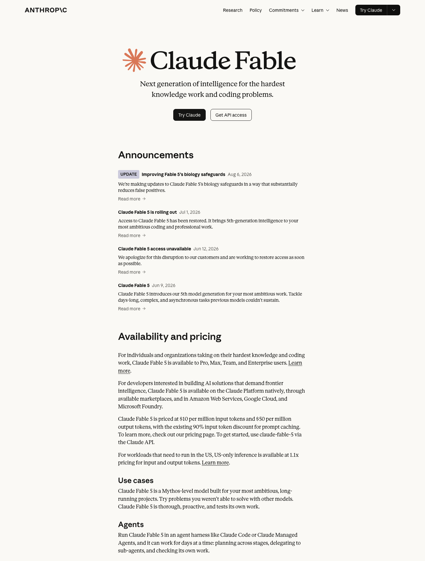 Официальная страница Claude Fable 5: флагман Anthropic, $10 за 1 млн входных и $50 за 1 млн выходных токенов, доступен Pro/Max/Team/Enterprise