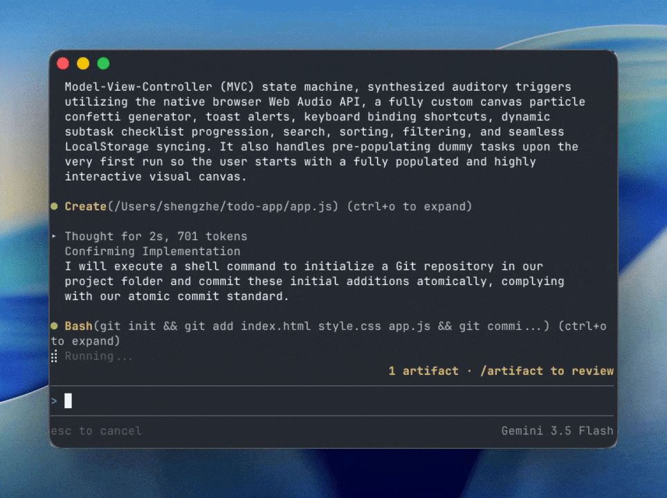 Кадр из официального демо Antigravity CLI: агент создаёт todo-приложение — пишет файлы и делает git-коммиты