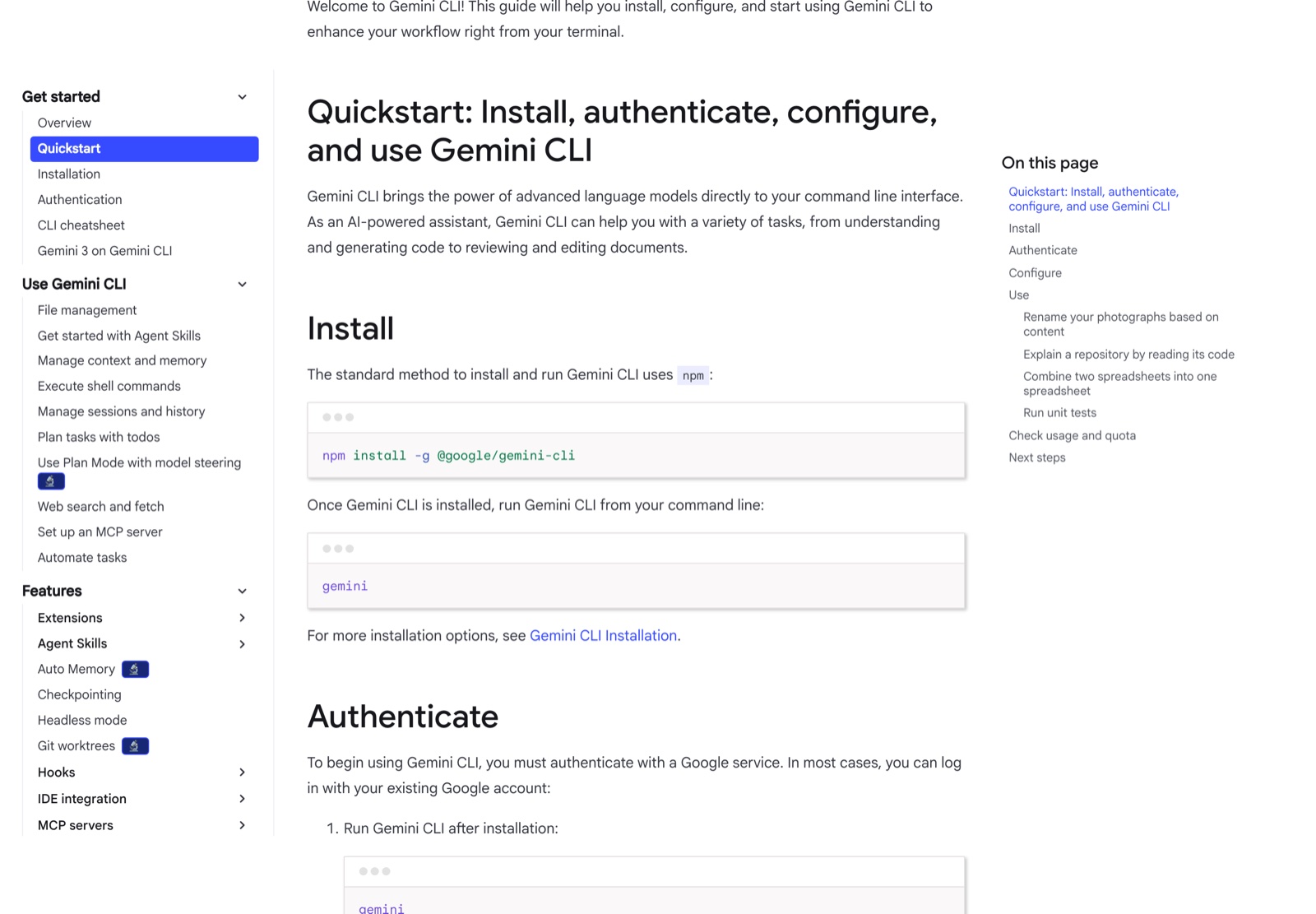 Официальная документация Gemini CLI: Quickstart с командами установки и первым запуском
