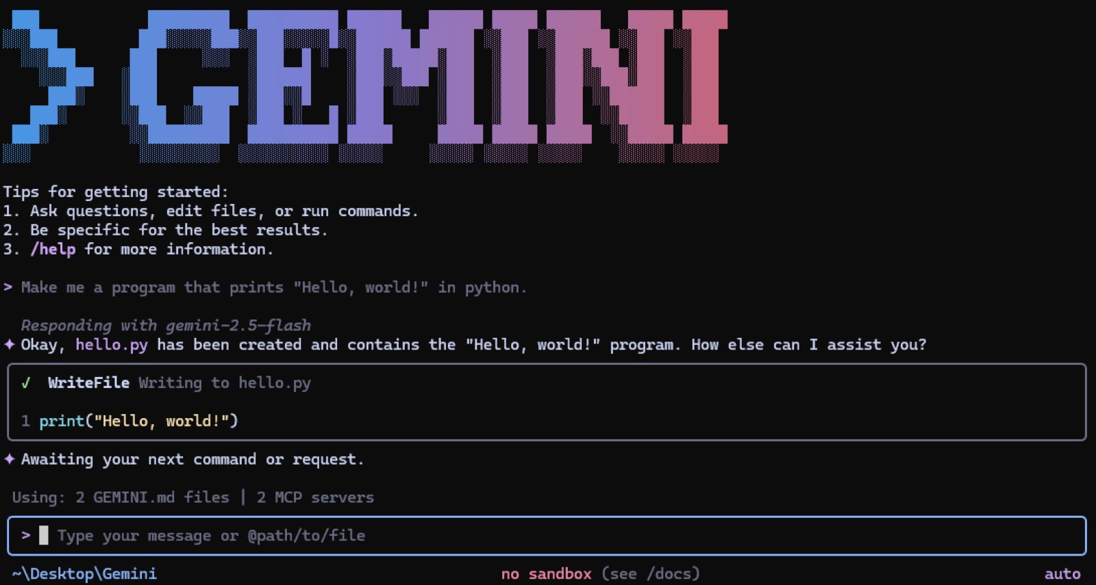 Интерфейс Gemini CLI в терминале