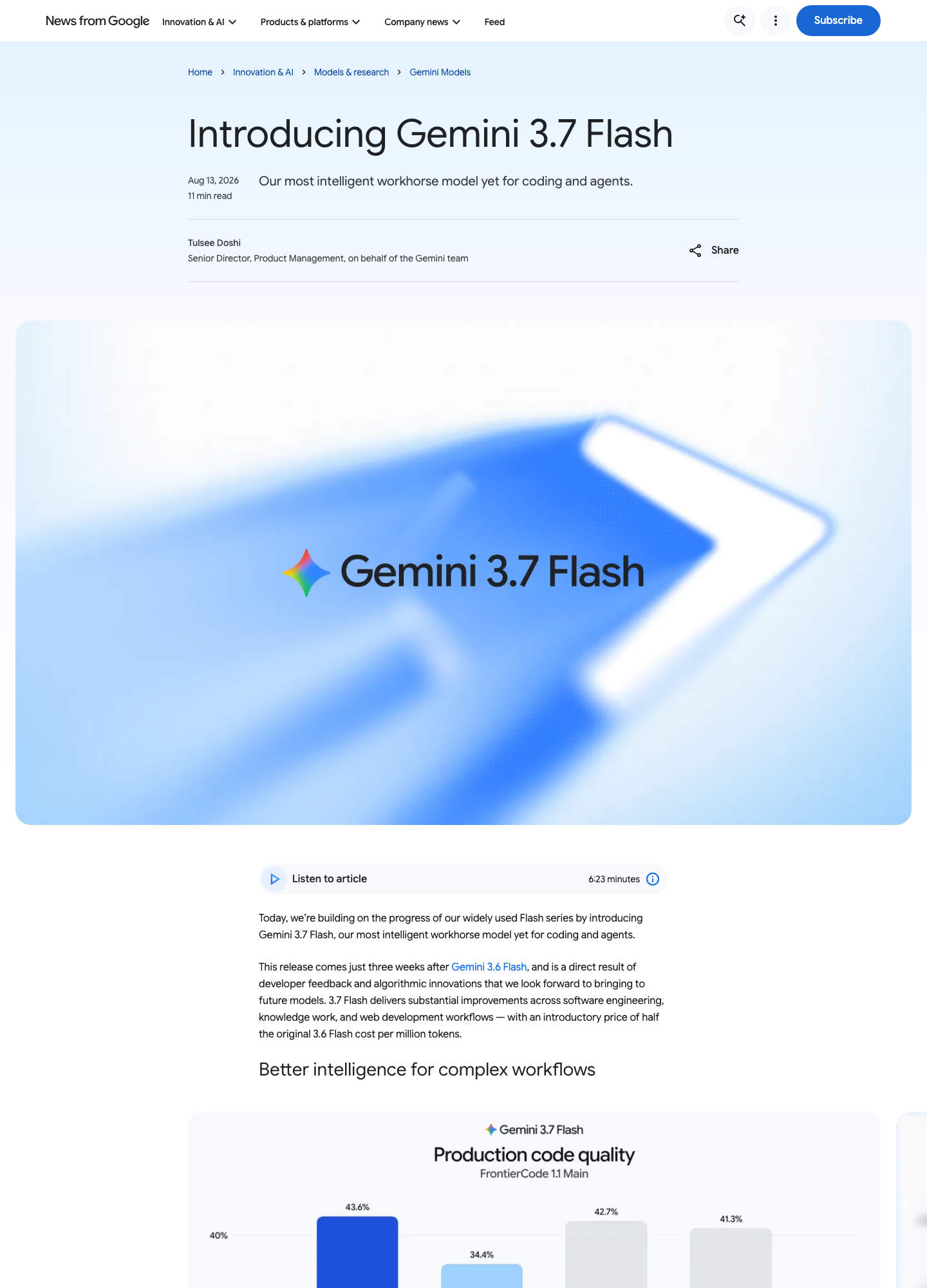 Анонс Gemini 3.7 Flash в блоге Google (13.08.2026): вводная цена $0.75/$3.75 за 1 млн токенов до конца года