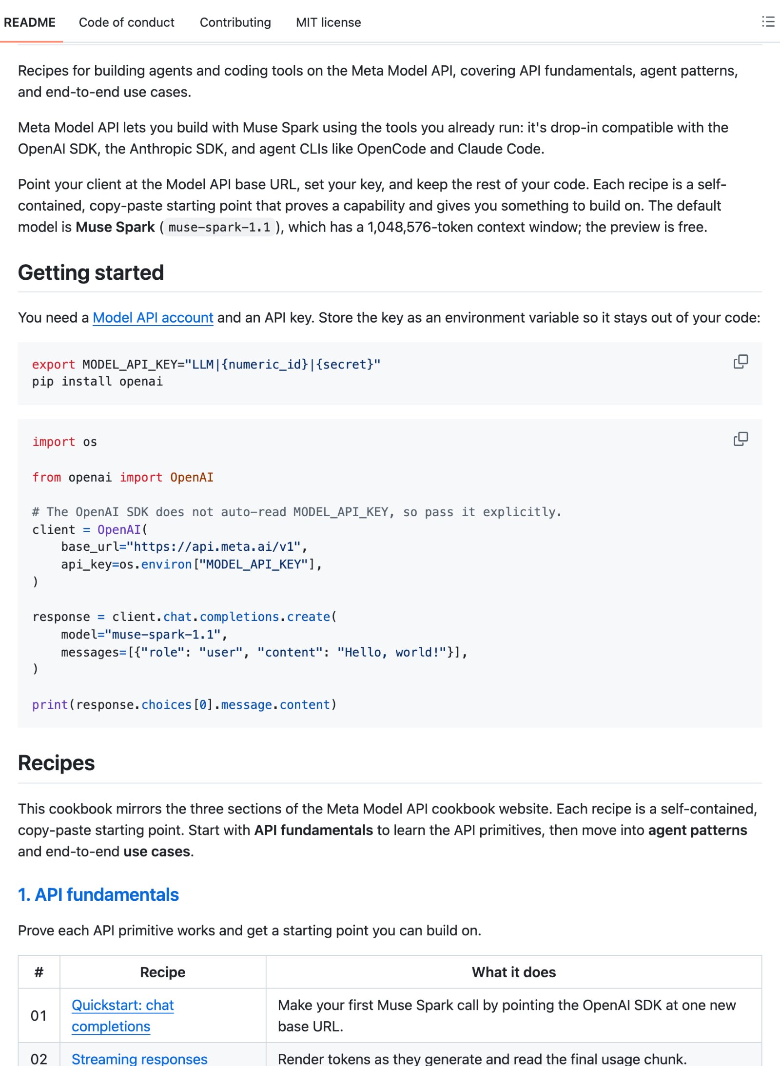 Официальный README репозитория meta-models/meta-model-cookbook: подключение Muse Spark через OpenAI-совместимый endpoint