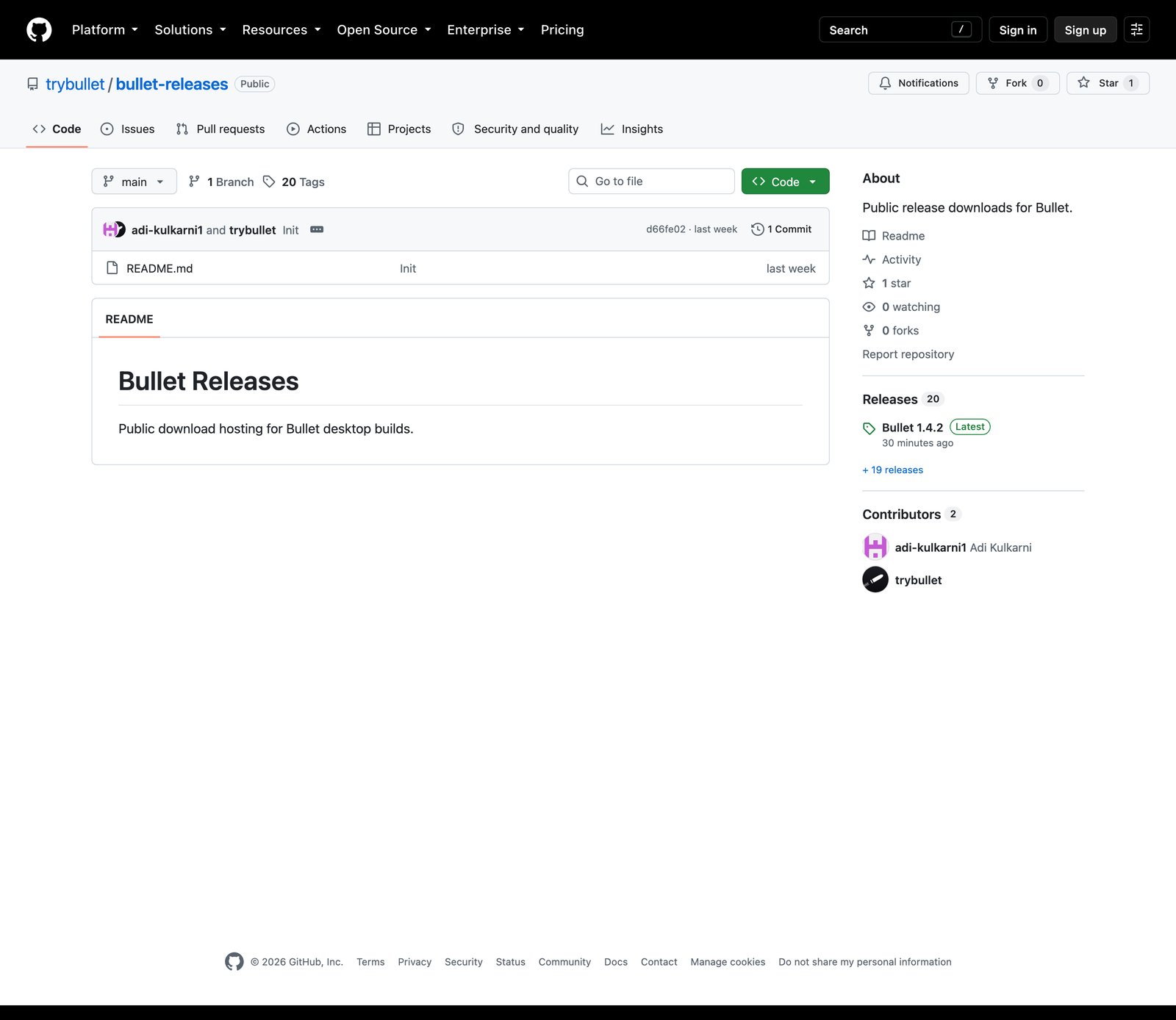Скриншот GitHub-репозитория trybullet/bullet-releases