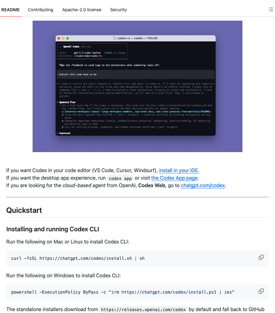 Скриншот официального README openai/codex: описание агента и команда установки