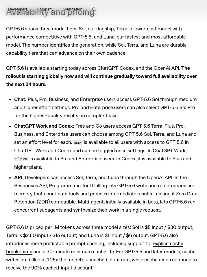 Скриншот раздела Availability and pricing официального анонса GPT-5.6
