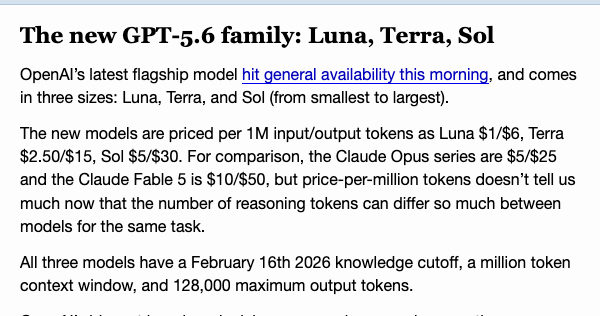 Скриншот разбора Simon Willison «The new GPT-5.6 family: Luna, Terra, Sol» от 9 июля 2026