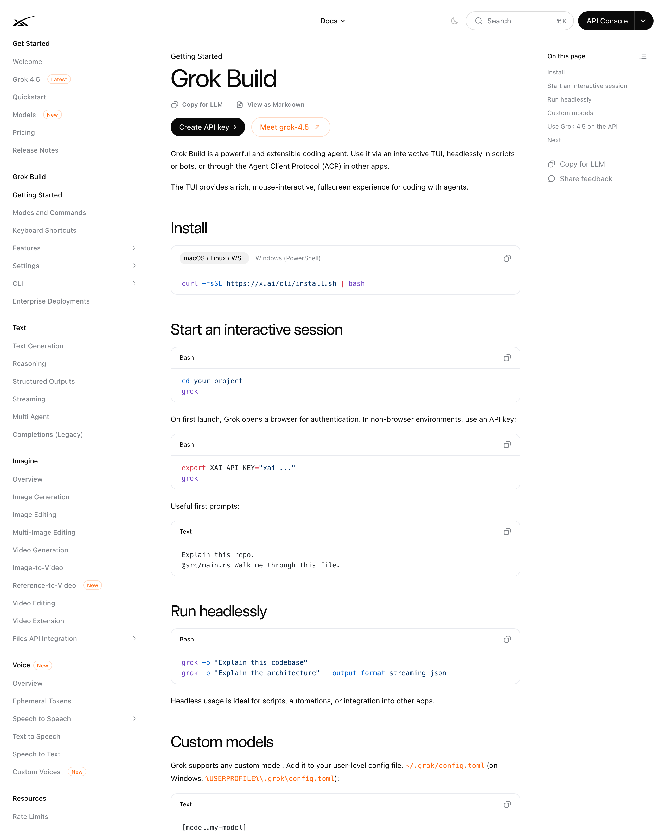 Официальная документация Grok Build: команды установки, первый запуск и вход через API-ключ