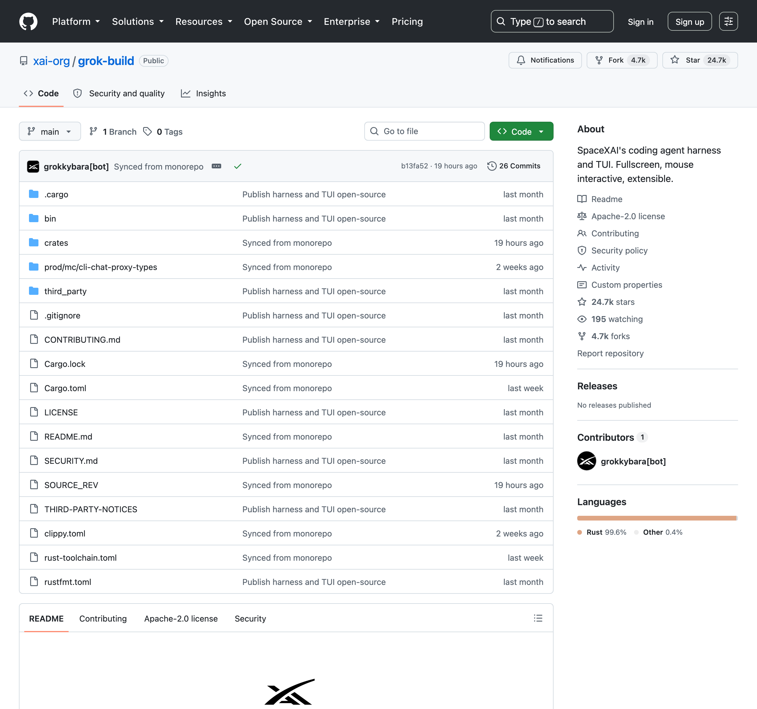 Репозиторий xai-org/grok-build на GitHub: README, 24,7 тыс. звёзд, лицензия Apache 2.0, команды установки