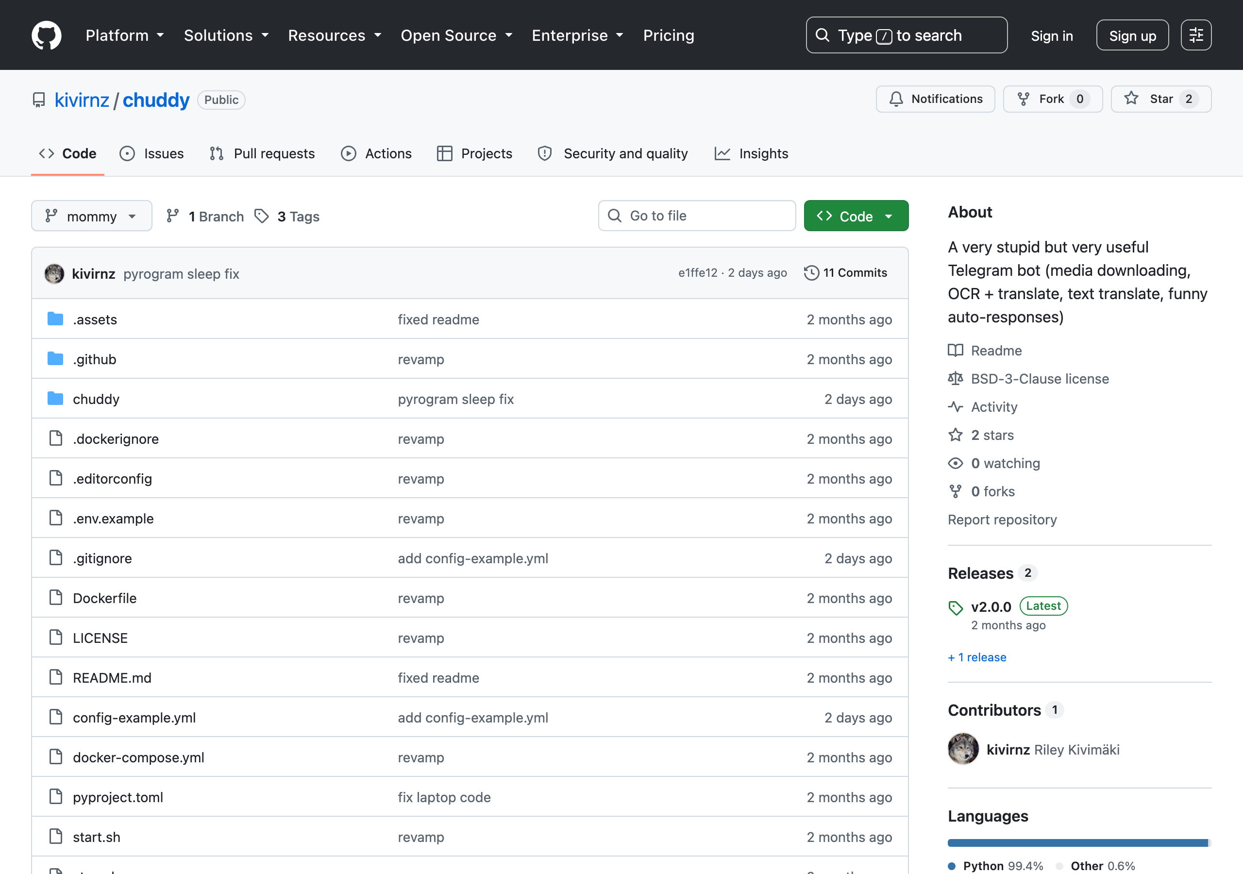 Репозиторий kivirnz/chuddy на GitHub: README с описанием функций, настройки и раздела Architecture (v2)