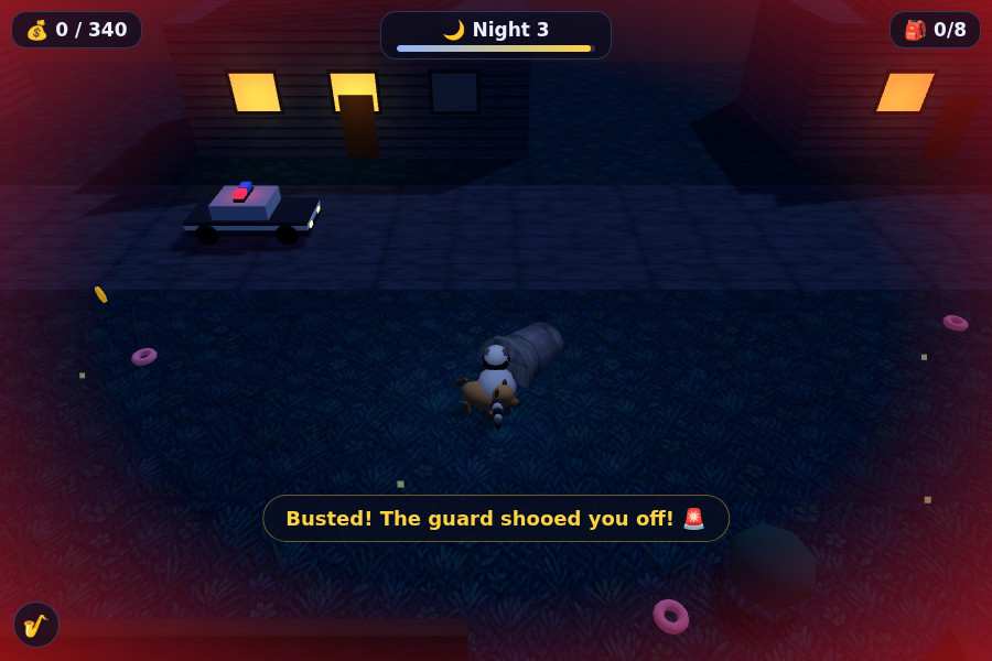 Игровой скриншот Raccoon Heist: ночь 3, енот пересекается со сторожевой собакой, экран покраснел