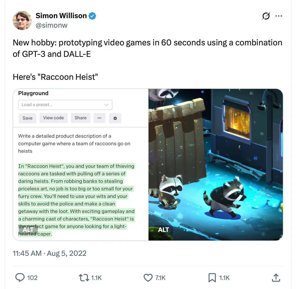 Твит Simon Willison от 2022 года: описание игры от GPT-3 и концепт-арт от DALL-E