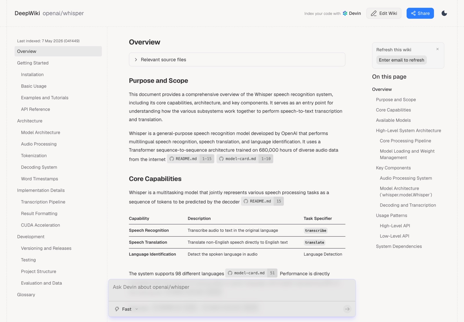 DeepWiki: сгенерированная по репозиторию openai/whisper вики — обзор, архитектура, ссылки на исходники