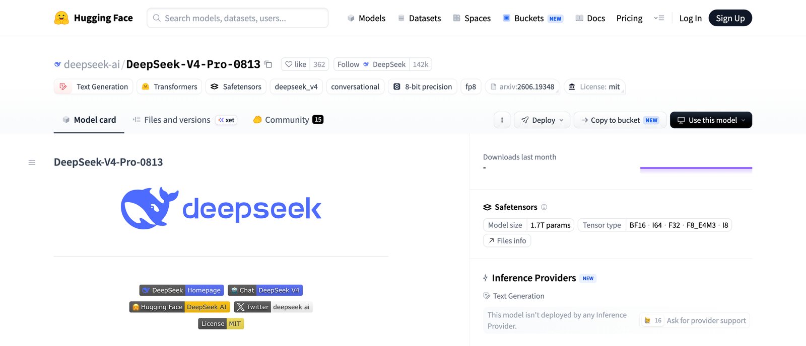Страница репозитория deepseek-ai/DeepSeek-V4-Pro-0813 на Hugging Face