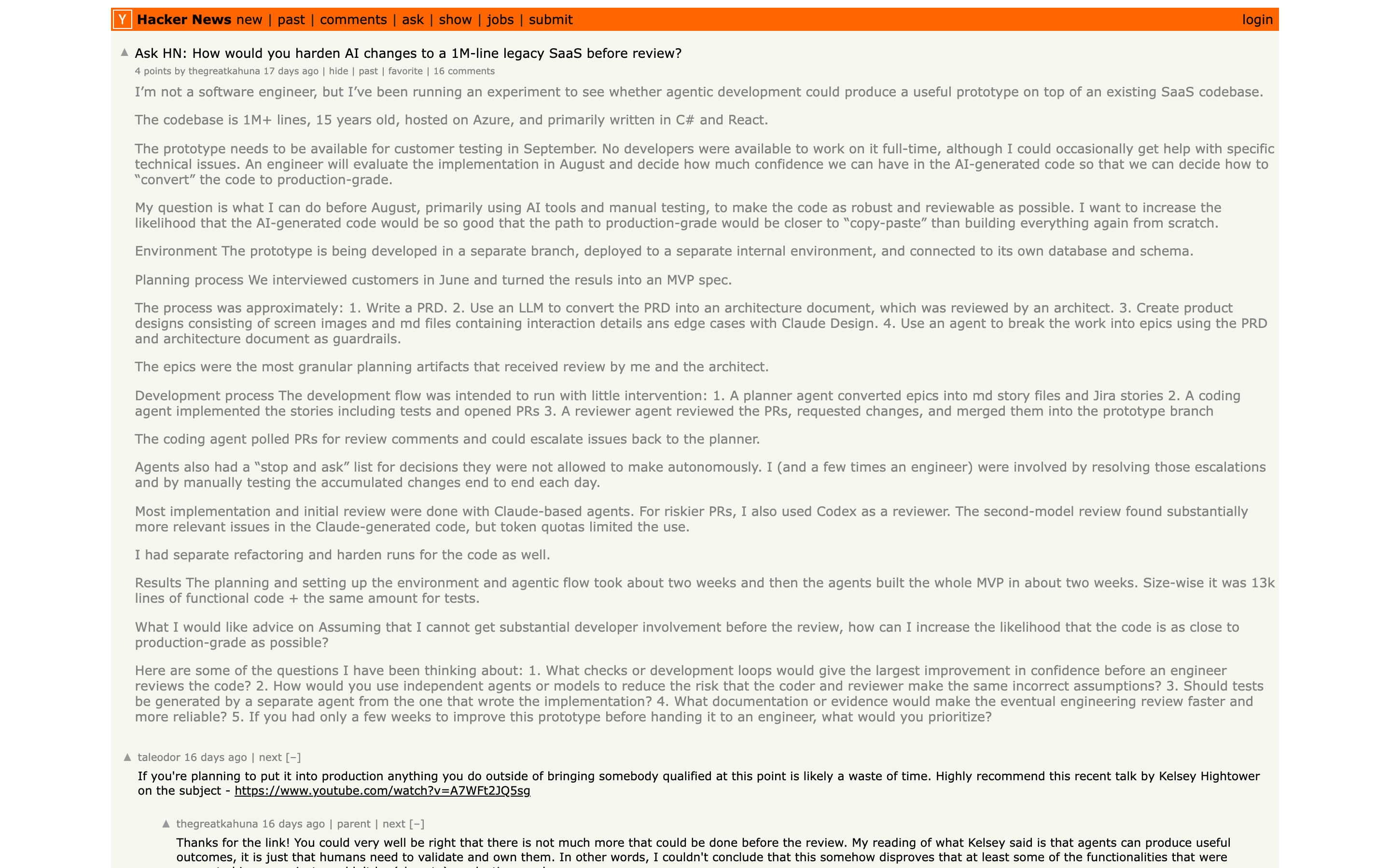 Скриншот треда Ask HN о переписывании легаси с ИИ-агентами