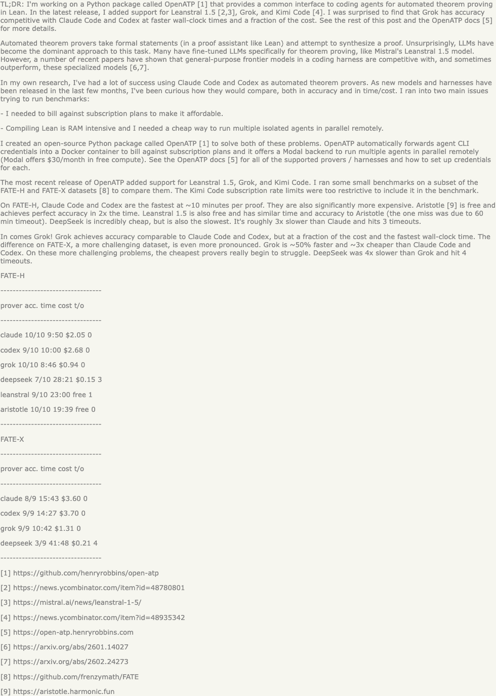 Пост на Hacker News «Grok is a surprisingly good automated theorem prover» с таблицами бенчмарка FATE-H и FATE-X