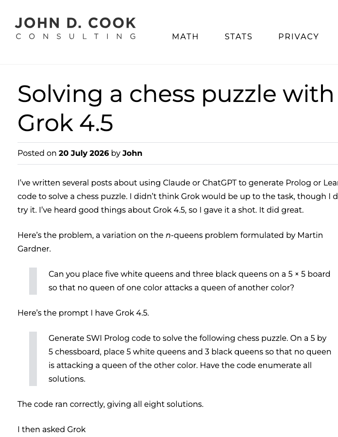 Статья Джона Кука «Solving a chess puzzle with Grok 4.5»: промпт и вывод о восьми решениях