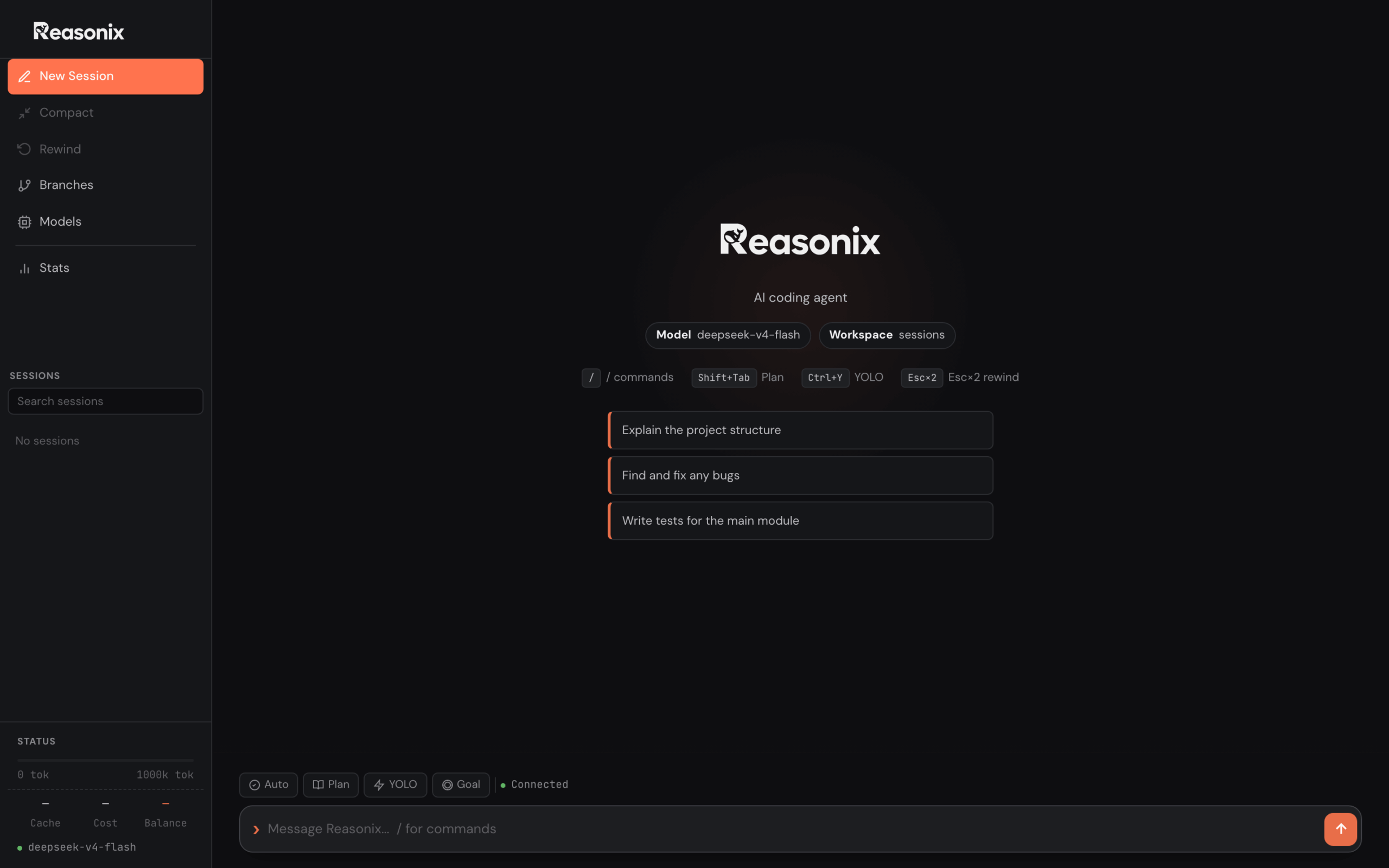Рабочий интерфейс Reasonix: поле ввода задачи, статус-бар с моделью и кэшем, режимы Auto / Plan / YOLO