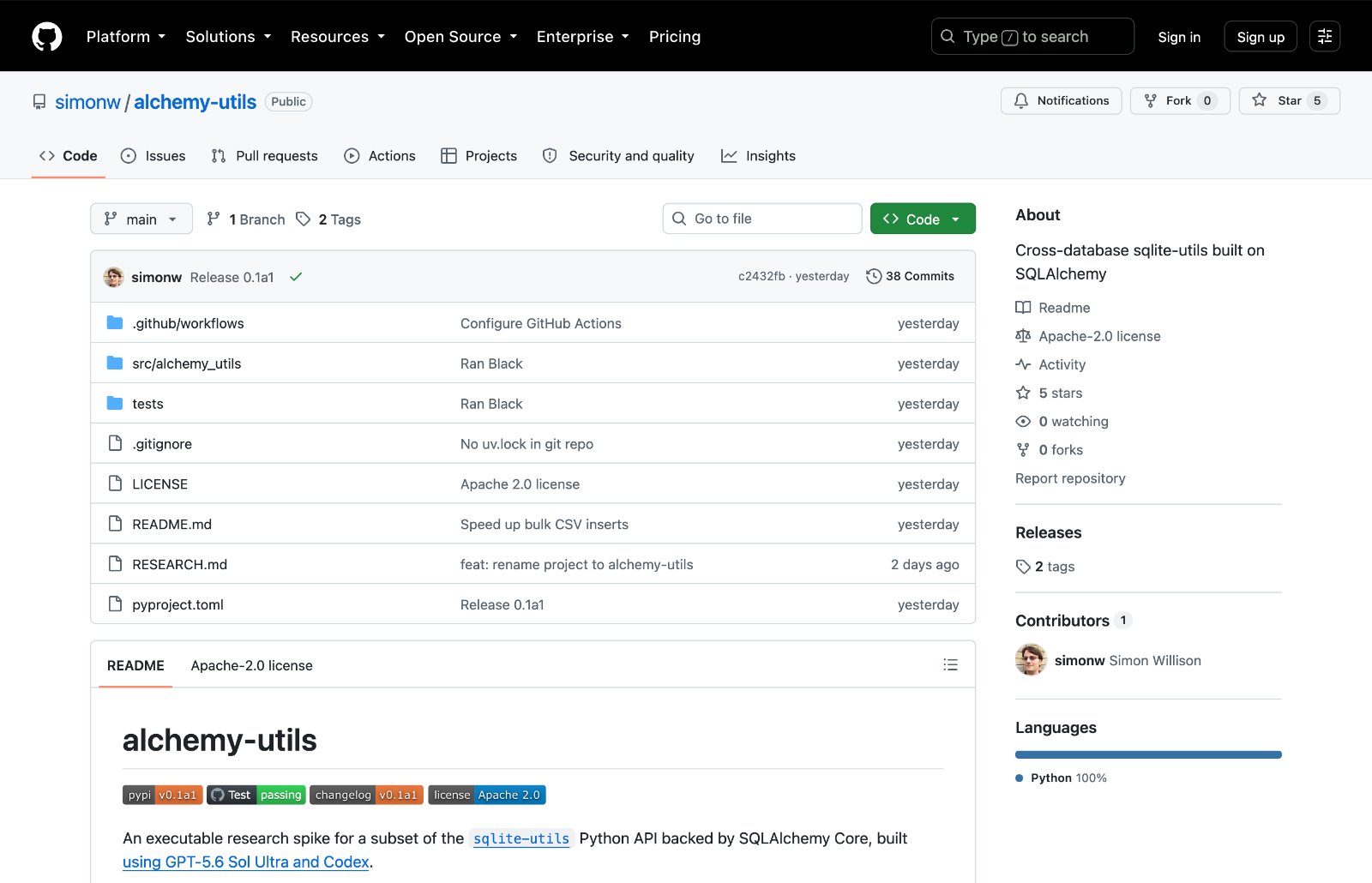 Скриншот репозитория simonw/alchemy-utils на GitHub
