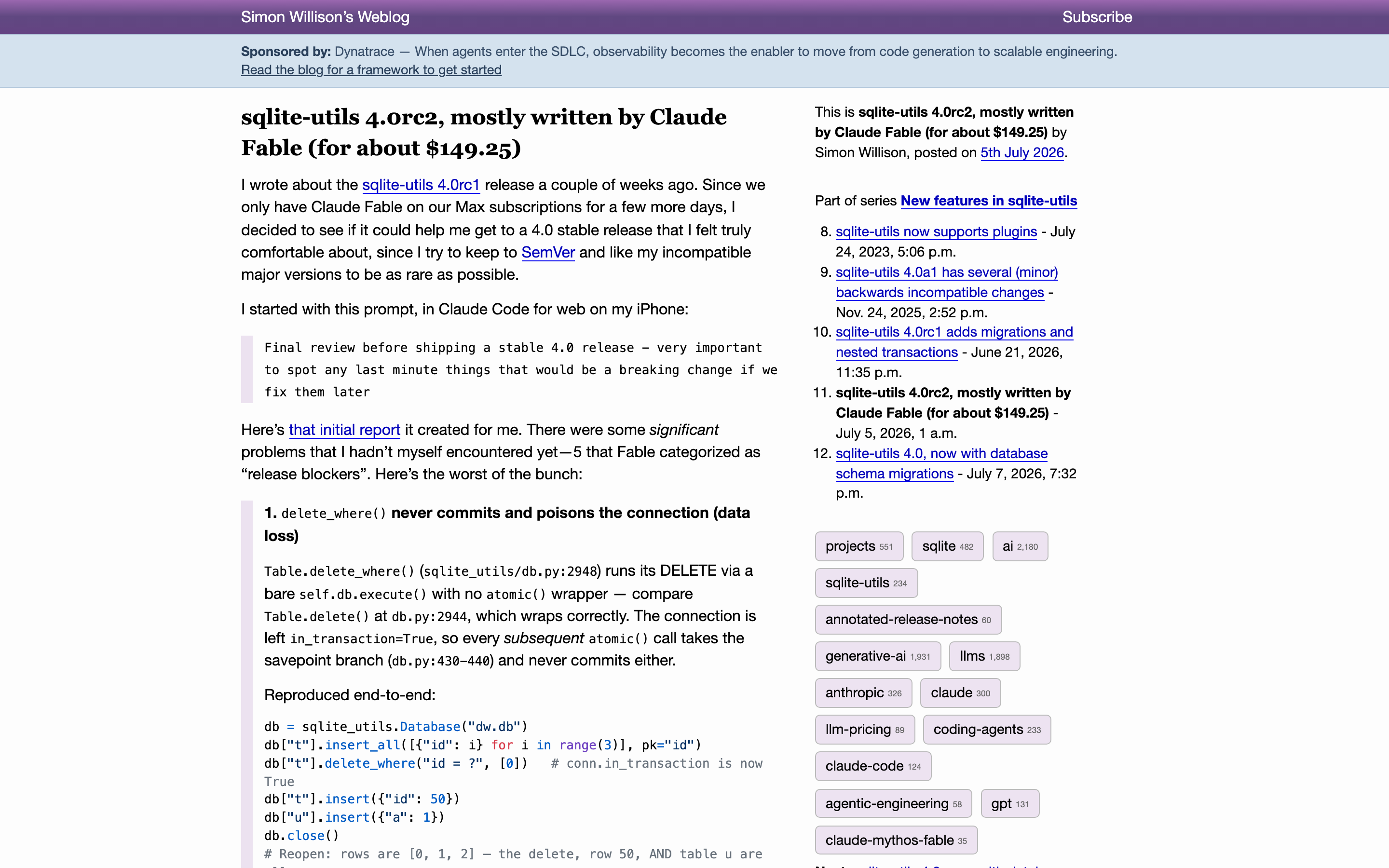 Пост Simon Willison о релизе sqlite-utils 4.0rc2, написанном агентом
