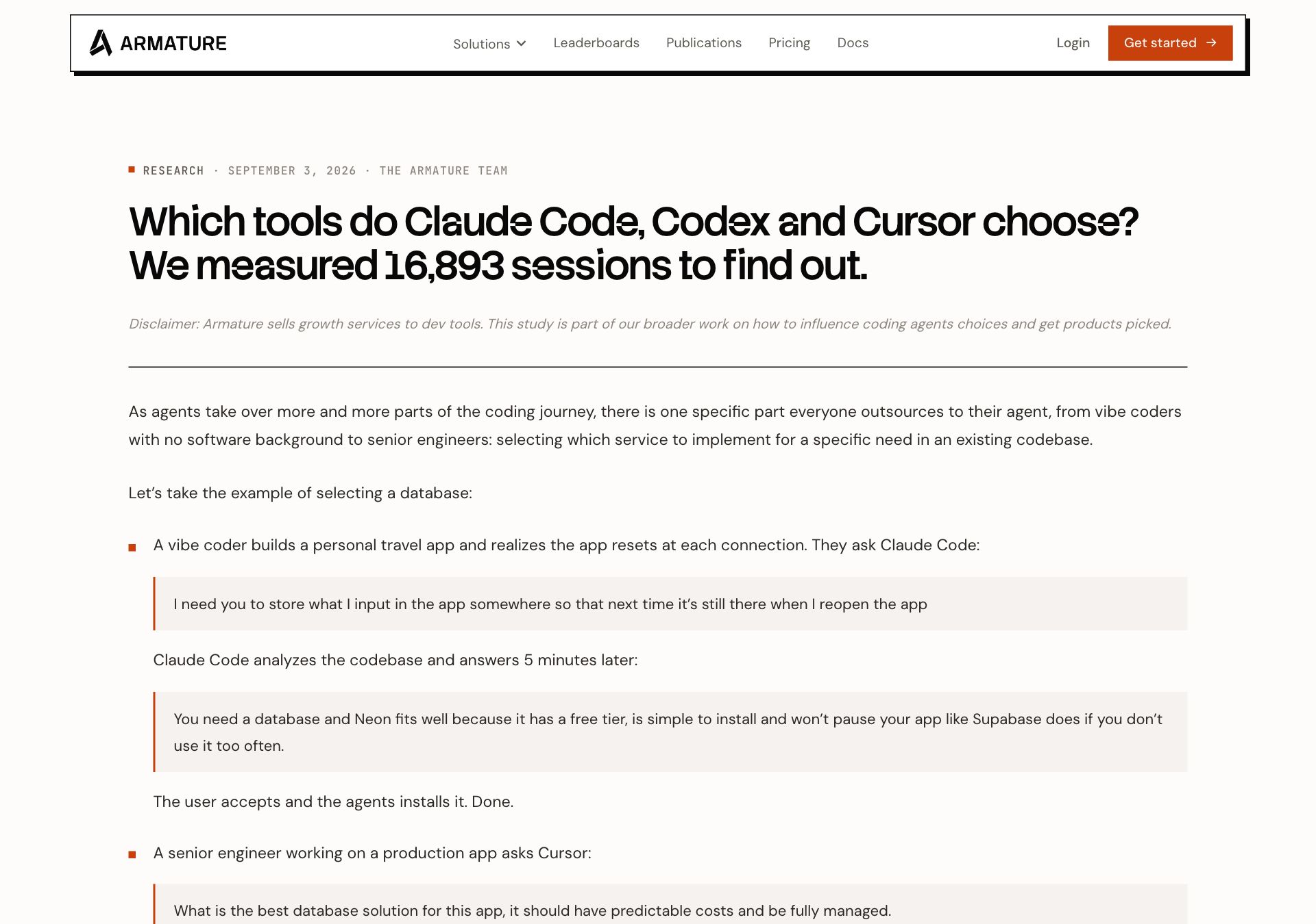 Скриншот исследования Armature «Which tools do Claude Code, Codex and Cursor choose?»