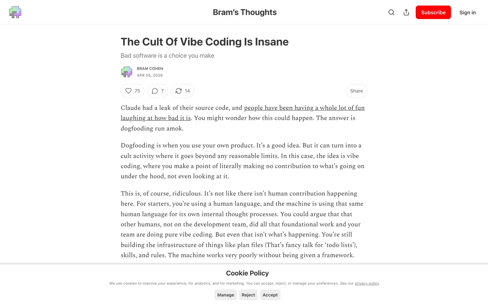 Пост Bram Cohen «The Cult Of Vibe Coding Is Insane»