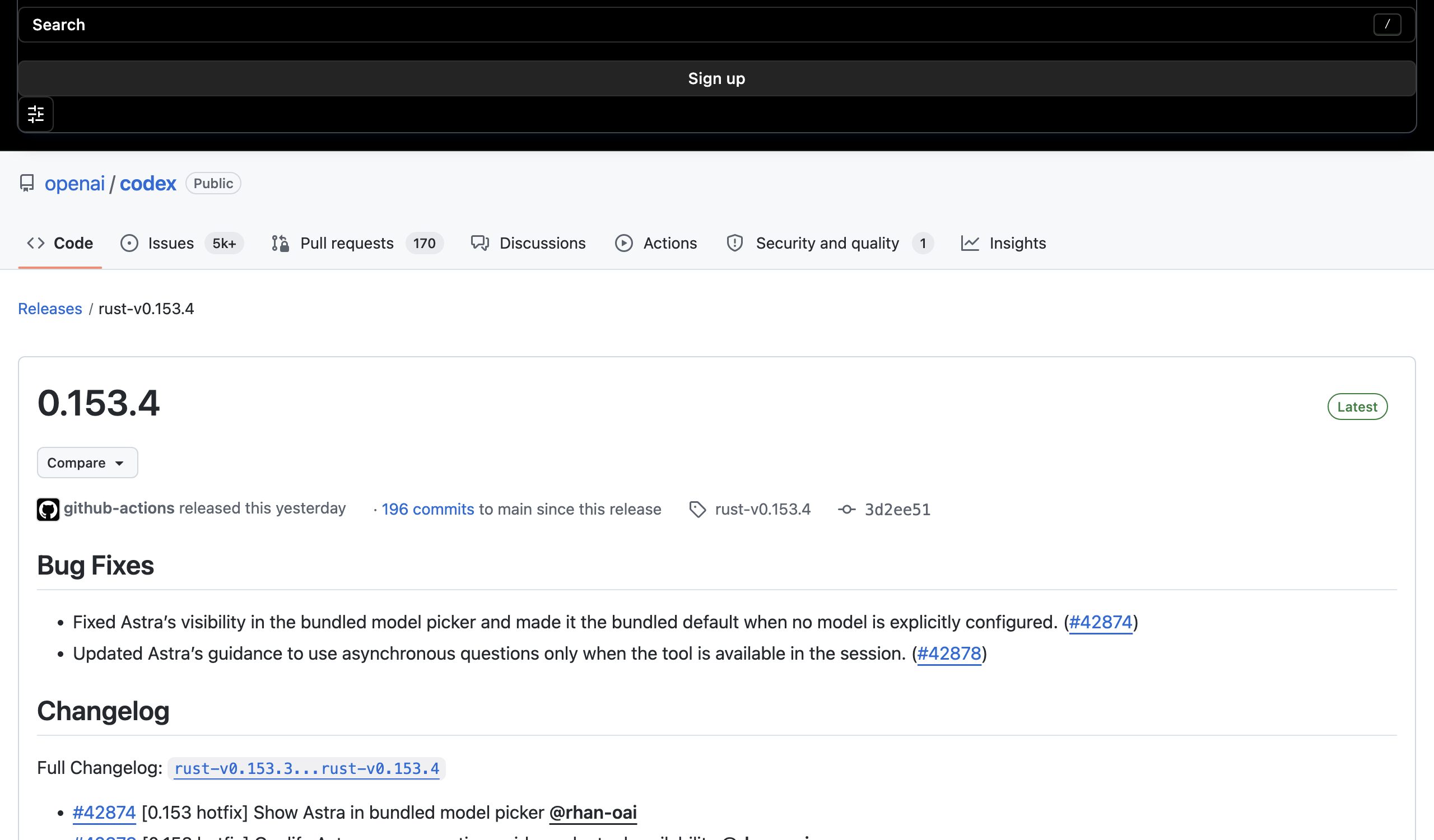 Скриншот релиза Codex 0.153.4 на GitHub: заголовок релиза и список багфиксов про Astra
