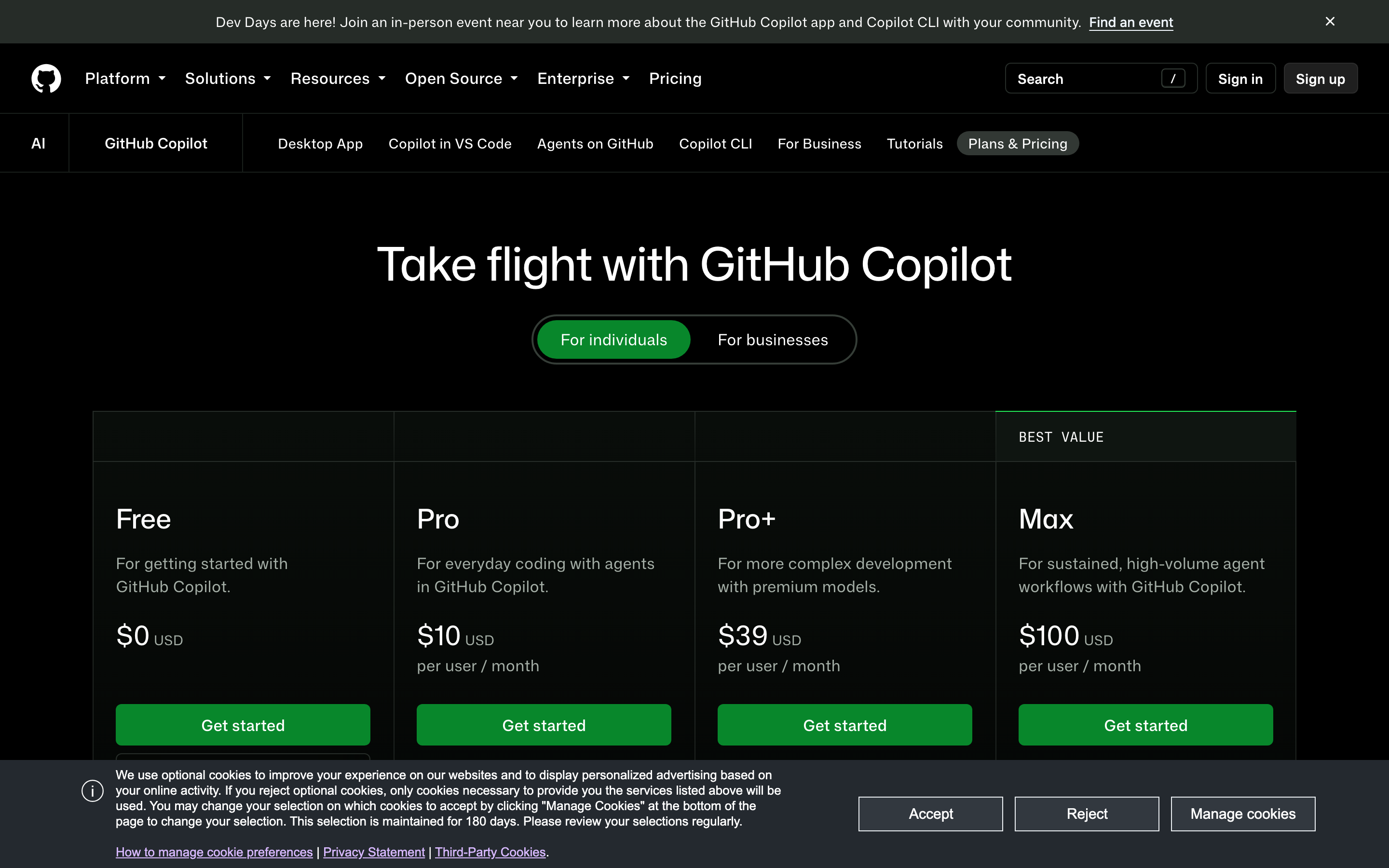 Скриншот страницы тарифов GitHub Copilot
