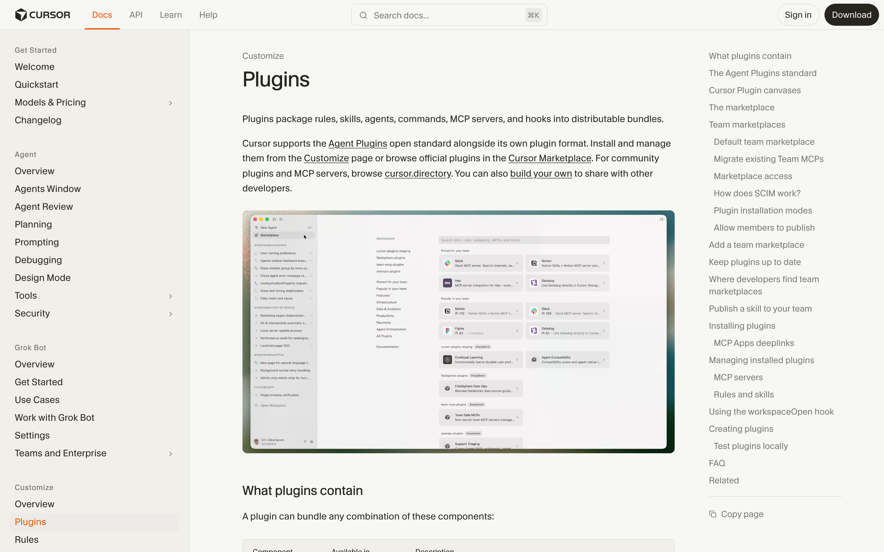 Страница Cursor Docs с разделом Plugins, Rules, Skills, Hooks
