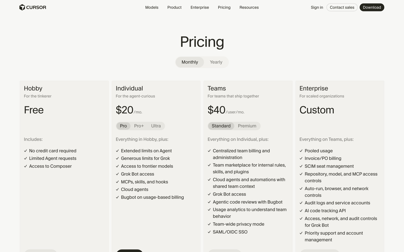 Страница цен Cursor: Hobby, Individual, Teams, Enterprise