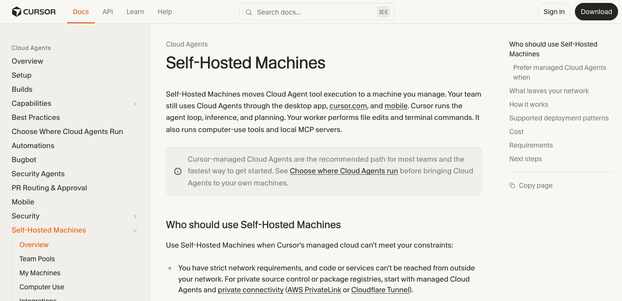 Документация Cursor: Self-Hosted Machines перемещает исполнение инструментов Cloud Agent на машину под вашим управлением