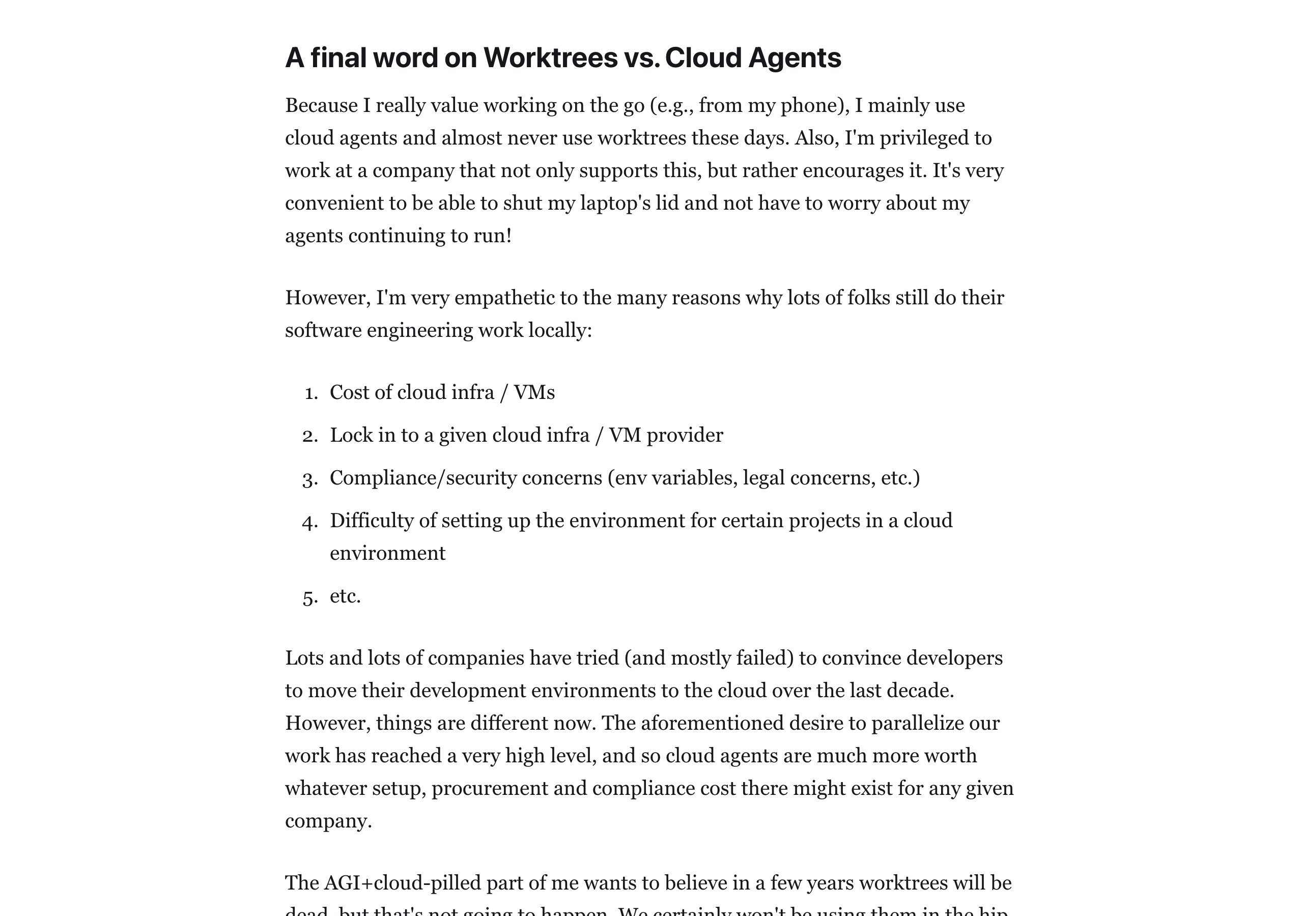 Скриншот: раздел «A final word on Worktrees vs. Cloud Agents»
