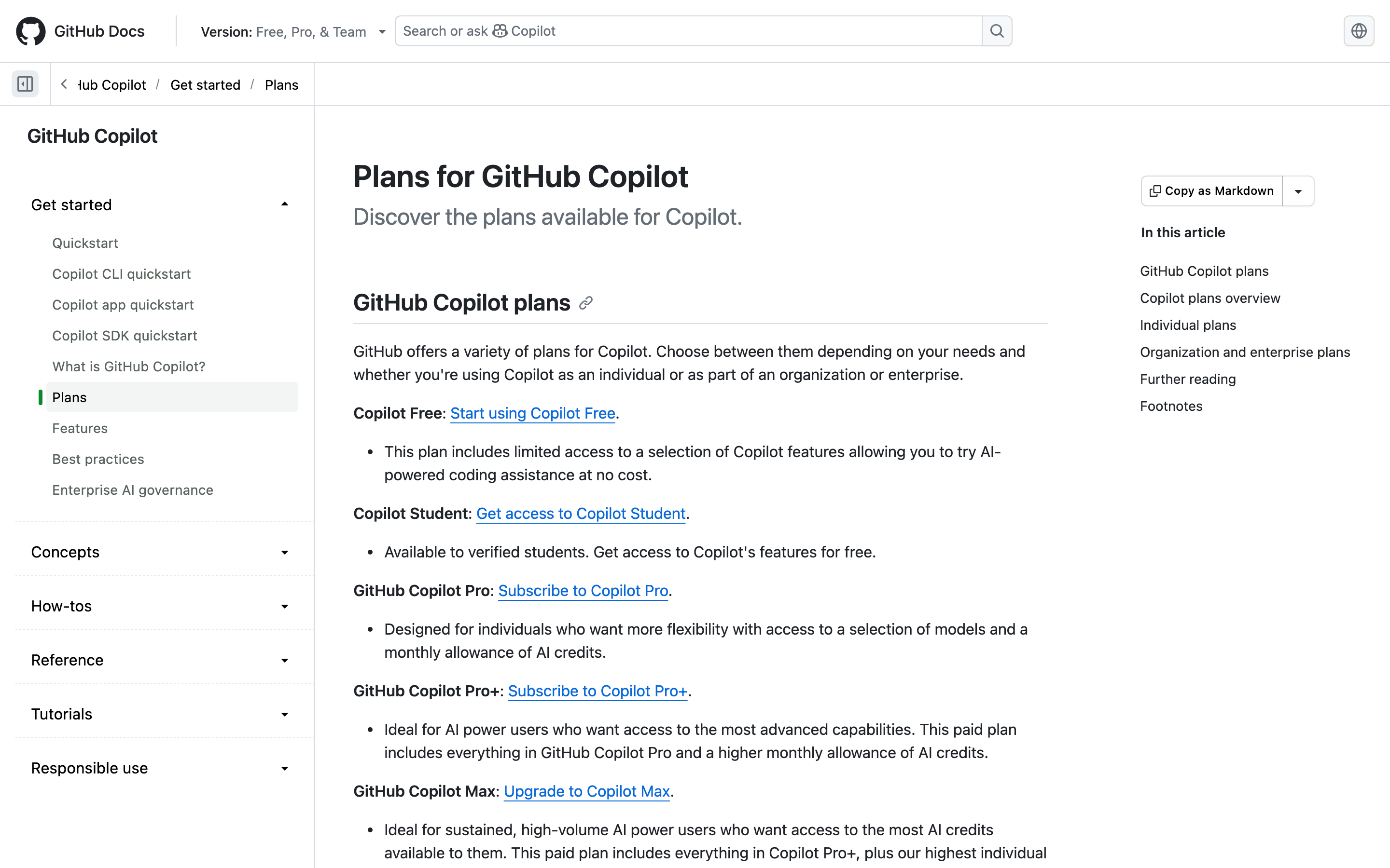 Официальная документация «Plans for GitHub Copilot»
