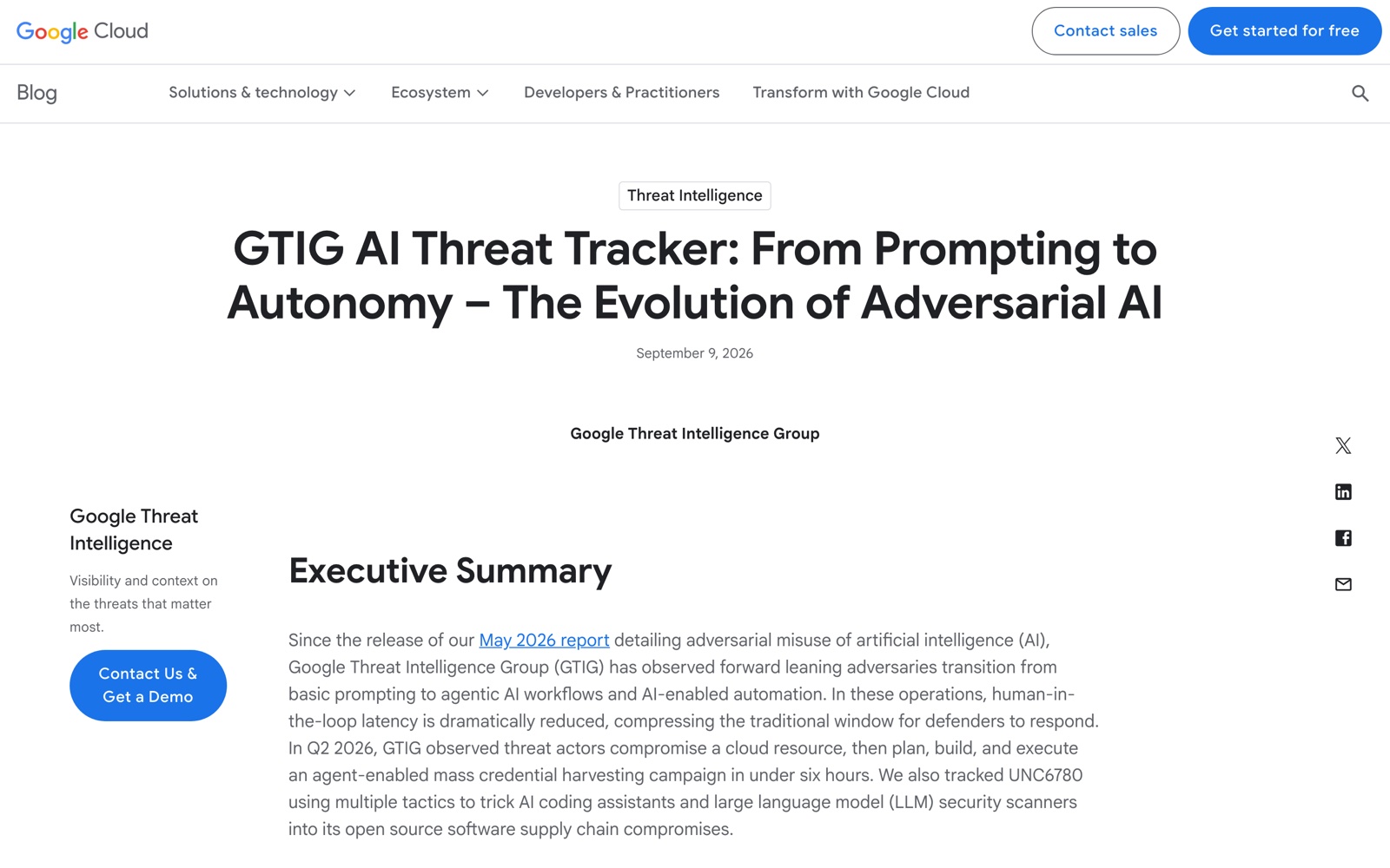 Страница отчёта GTIG «From Prompting to Autonomy: The Evolution of Adversarial AI»