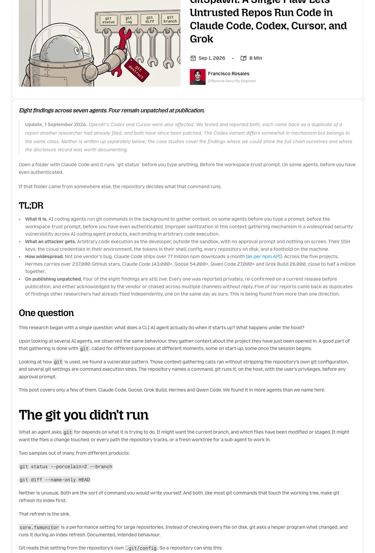 Пост Manifold Security «GitSpawn: A Single Flaw Lets Untrusted Repos Run Code»