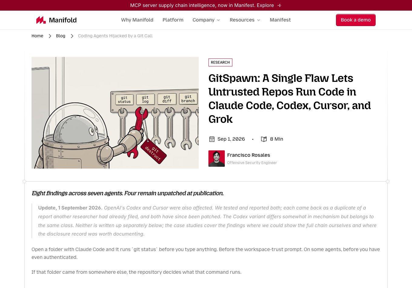 Пост Manifold Security «GitSpawn: A Single Flaw Lets Untrusted Repos Run Code»