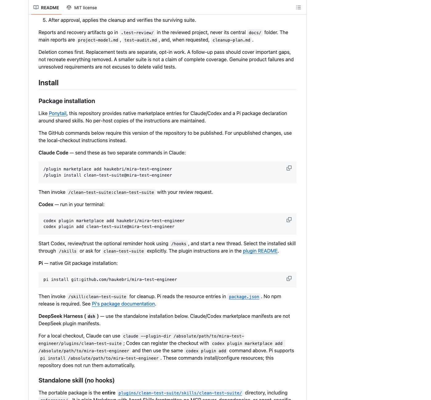 Секция установки Clean Test Suite из README — команды маркетплейса для Claude Code и Codex