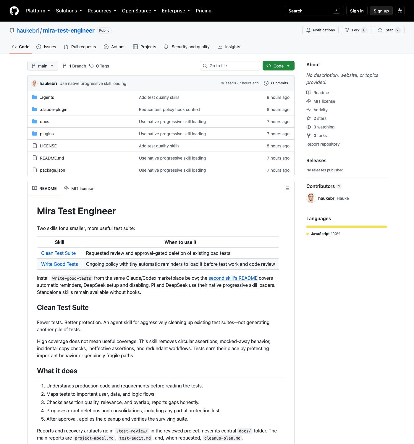 Репозиторий Mira Test Engineer на GitHub — заголовок и таблица двух навыков